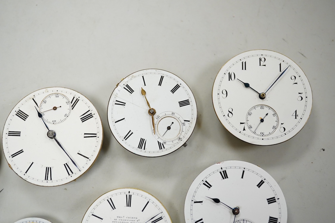 A small quantity of assorted mainly 19th century pocket and fob watch movements including Thomas Crispe of Bravington Sq. W. Lockwood of Huddersfield and William Flowers of London.